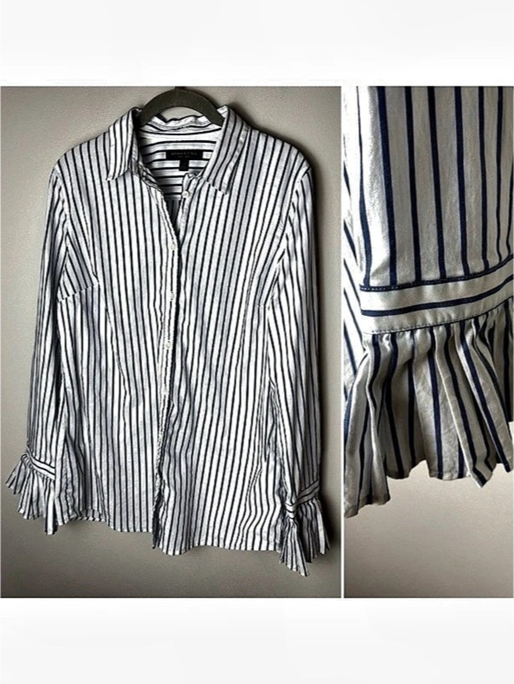 Banana Republic Riley Shirt Size 12 Blue White Stripe Ruffle Cuff Button Down